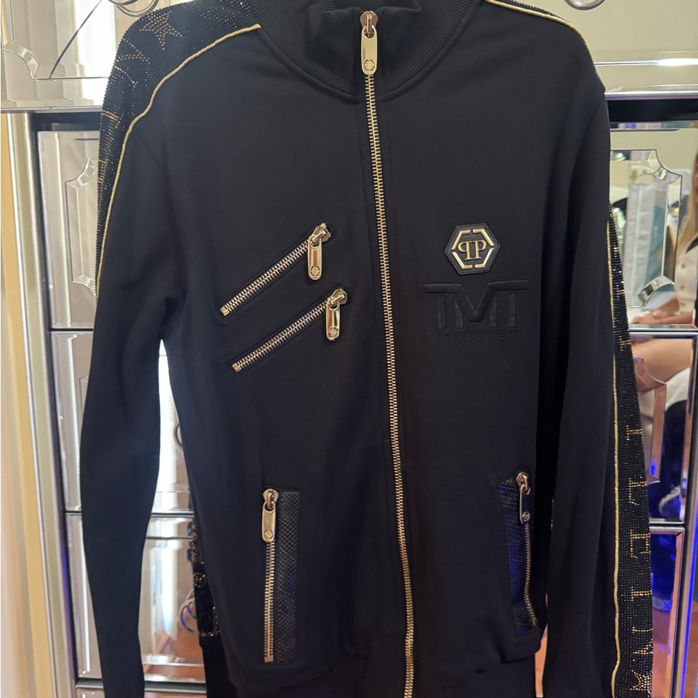 Philipp Plein Black and Gold Embellished pants and jacket set strech